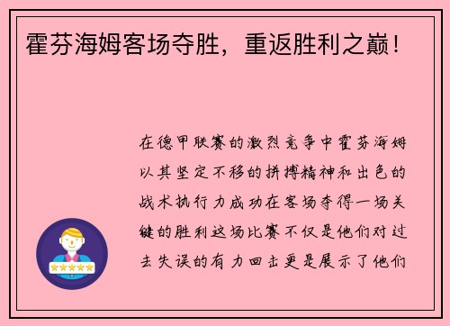霍芬海姆客场夺胜，重返胜利之巅！